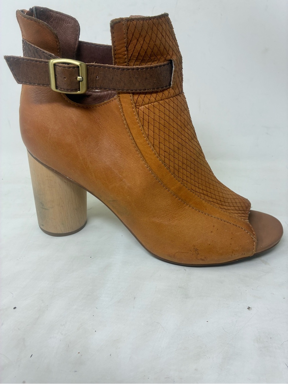 Miz Mooz Tan Leather Peep-Toe Ankle Boots